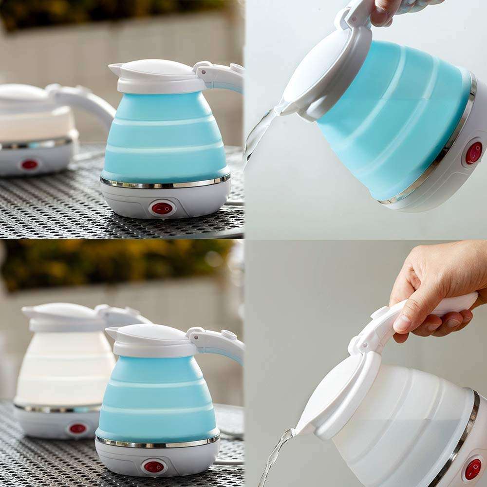 Travel Folding Electric Kettle,Fast Boiling,Beautiful Design Collapsible,Portable Electric Kettle,600ml Boil Dry Protection,100-240V Food Grade Silicone Foldable Kettle (White, Blue) 4