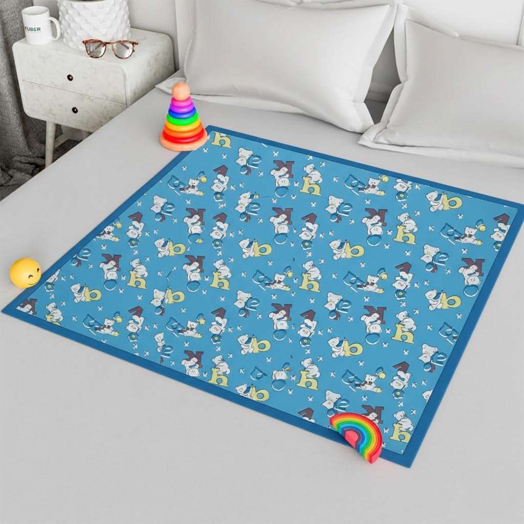 Printed Waterproof Baby Crib Bedsheet 36x54 Inch with Binding | PVC Urine Proof Mattress Protector | Baby Plastic Sheet for Newborn & Toddler | Pack of 1 (Blue Alphabet) 1
