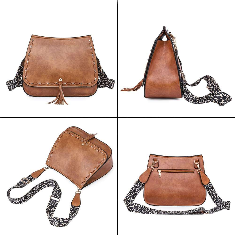 HQSOG Women Crossbody Handbag Faux Leather Shoulder Retro Purse Flap Satchel with Tassel and leopard print strap 6