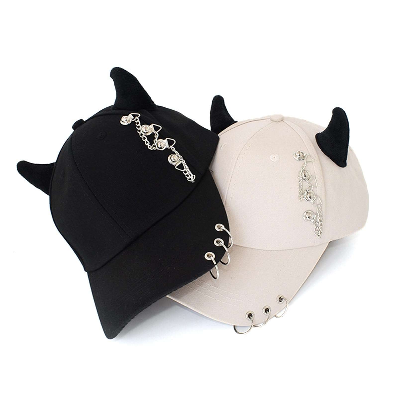 jojnsha Stylish Black Chain Cotton Baseball Caps with Metal Iron Rings Adjustable Strap Breathable Unisex Hip Hop Caps Hat, pin snake beige, 20*15*2cm 6