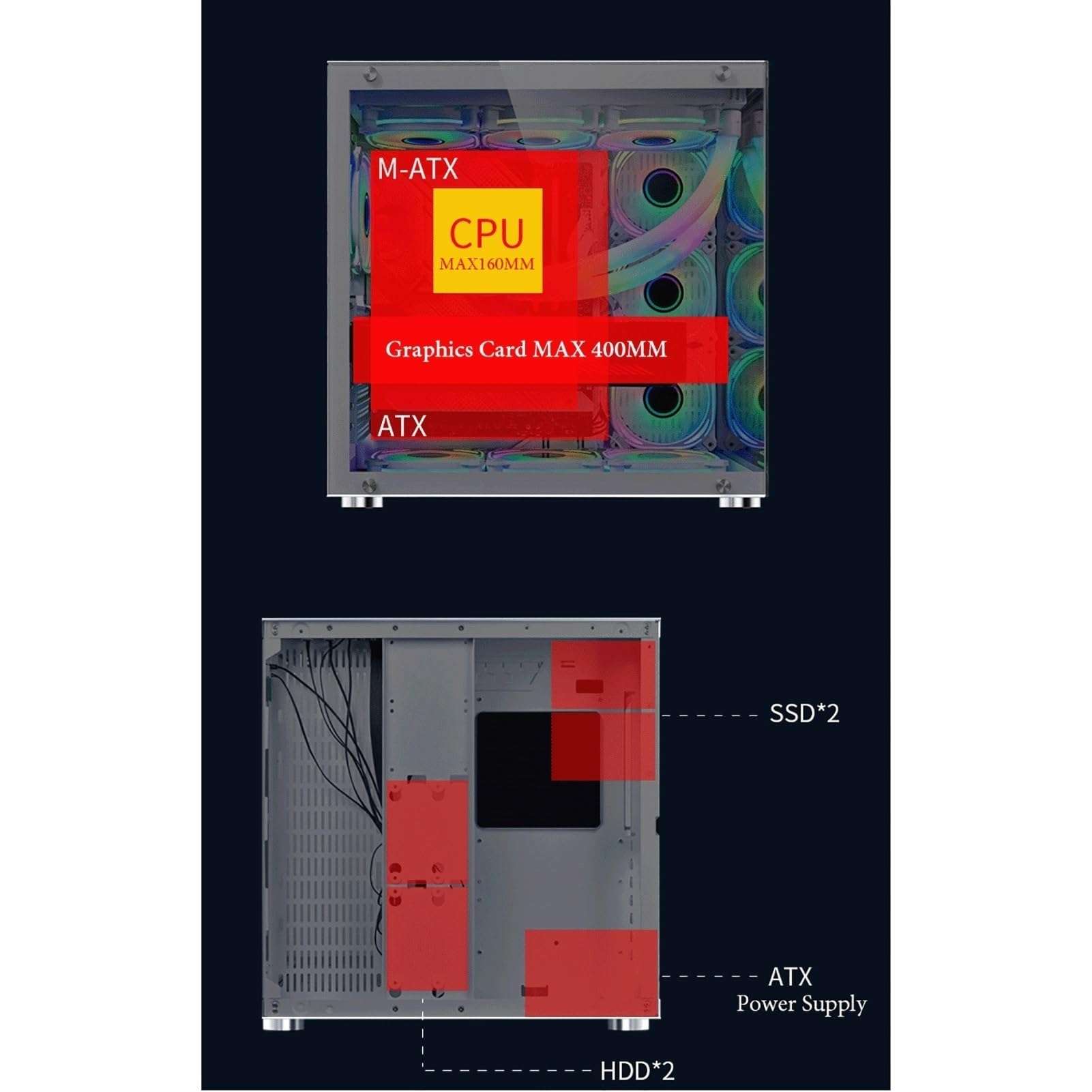 ATX Case, Mid-Tower PC Gaming Case ATX/M-ATX - Front I/O USB 3.0 Port - Tempered Glass Side Panel - Support Water Cooling - 10 Fan Position(V) 5
