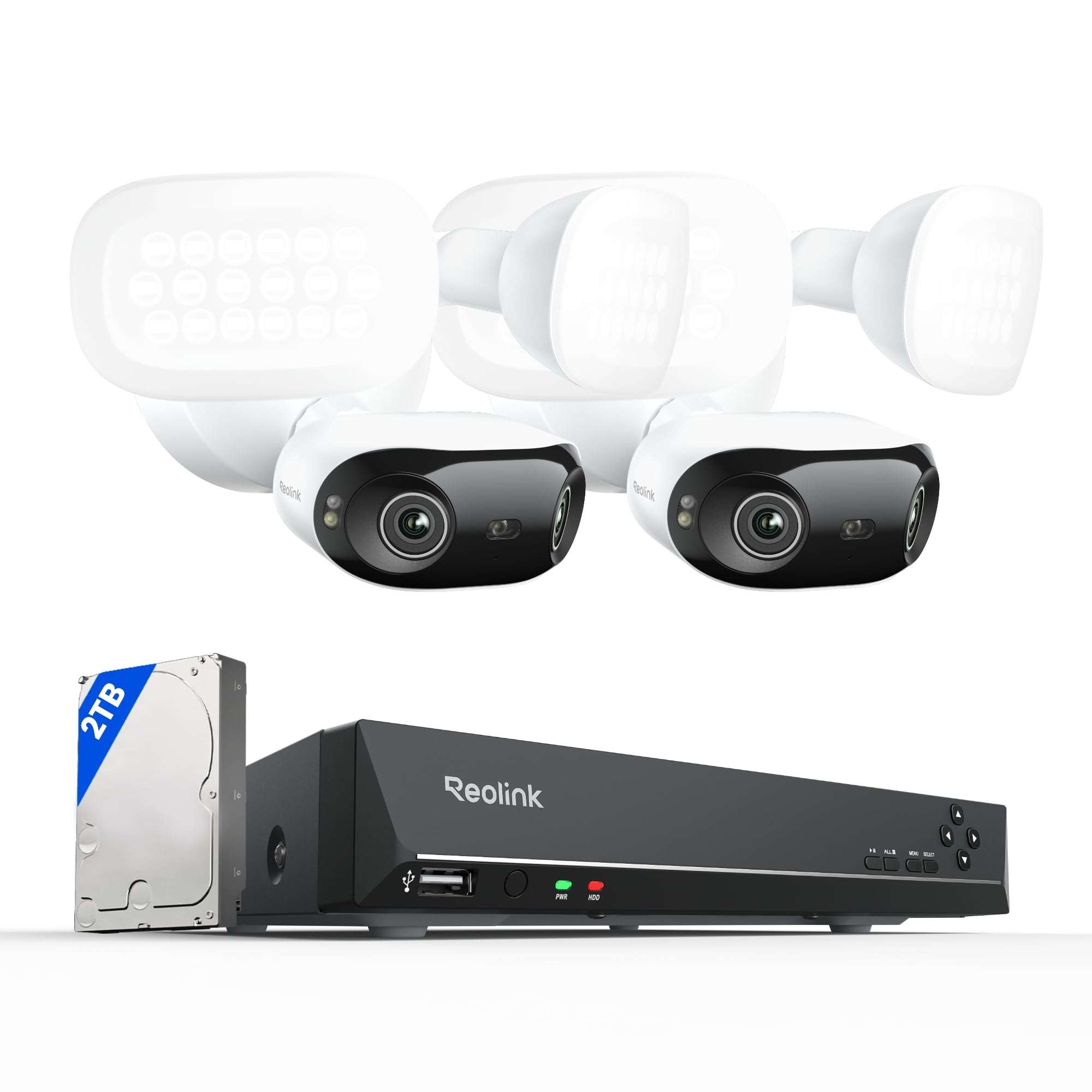 REOLINK16MP Dual Lens PoE Security Camera with 180° View Bundle with 8CH Network Video Recorder for Home Security Camera System, 2X Elite Pro Floodlight PoE with RLN8-410 (2TB HDD)