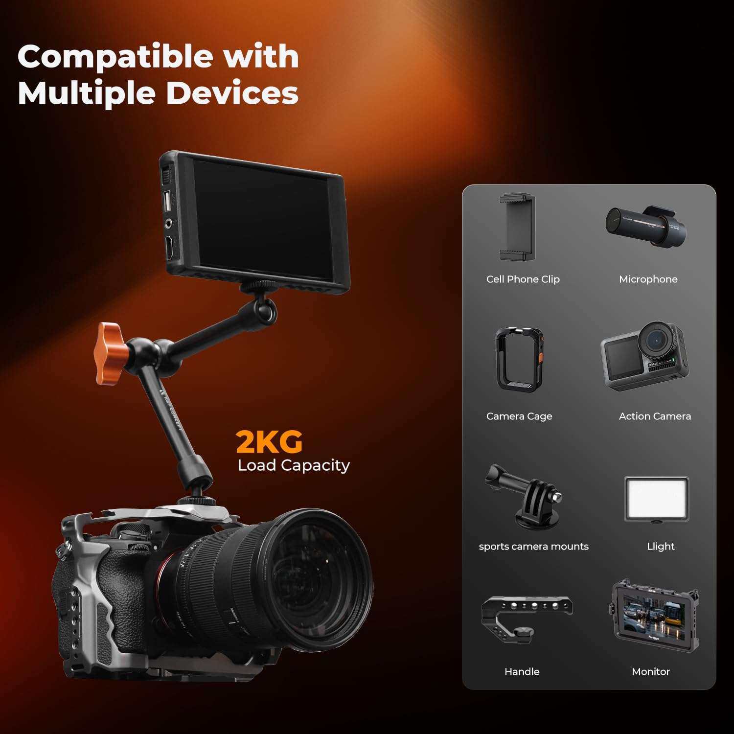 K&F CONCEPT 9.8" Magic Arm Clamp Kit with 1/4" & 3/8" Thread Screw 360° Ball Heads Articulating Magic Arm Camera Mount for Monitor, Flash, LED Light, Microphone, Camera Cage, Action Camera 4