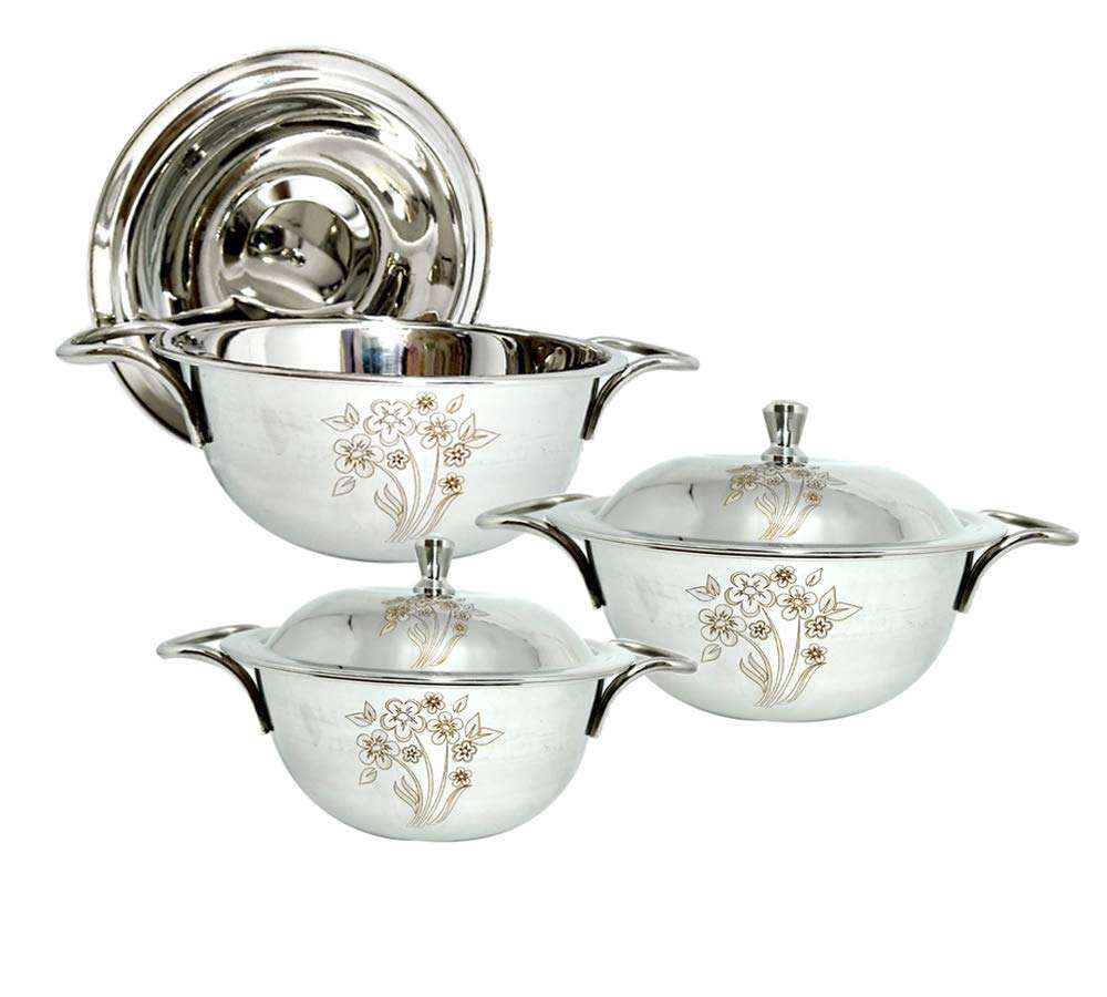 Bartan Hub Handi Set With Lid ( Best Gift Product For This Festival Season Diwali ,3 pc , Laser Finished , Dishwasher safe ,Best for Cook and Serve ) Handi 1.2 L, 0.8 L, 0.5 L with Lid (Stainless Steel) 1