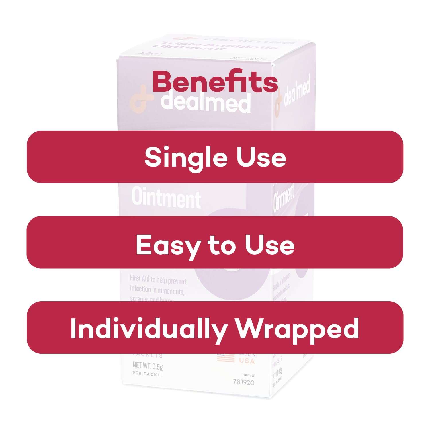 Dealmed Triple Antibiotic Ointment – Made in The USA, Single-Use Packets for Instant Relief from Cuts, Scrapes and Burns, 144 Packets/Box (.5g) - Pack of 1 5