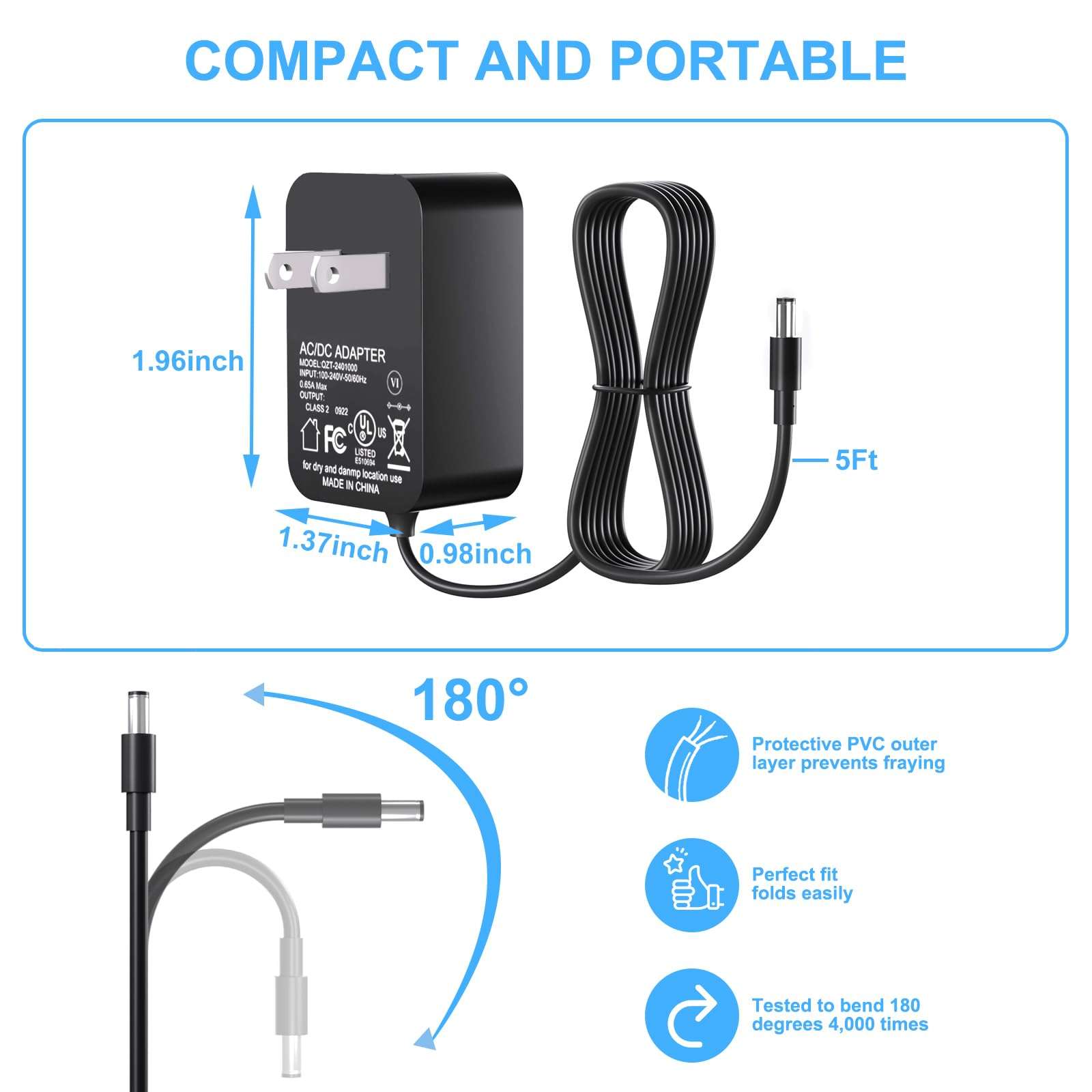 24V Corner Floor Lamp Power Cord for Govee LED Lights 16 Million DIY Colors ‎H6076 H6078 Power Adapter for Govee Room Floor Lamp AC Power Supply 5