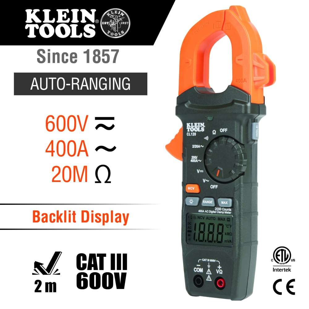 Klein Tools CL120 Digital Clamp Meter, Auto-Ranging 400 Amp AC, AC/DC Voltage, Resistance, Continuity, Non-Contact Voltage Tester Detection 2