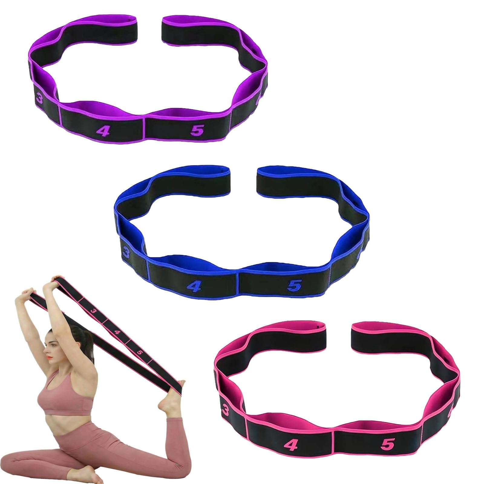 3 Pack Yoga Stretch Strap with Loops, Numbered Resistance Bands for Flexibility, 8-Section Elastic Exercise Bands for Pilates, Dance, Gymnastics & Warm Up (Blue, Purple, Rose Red) 1