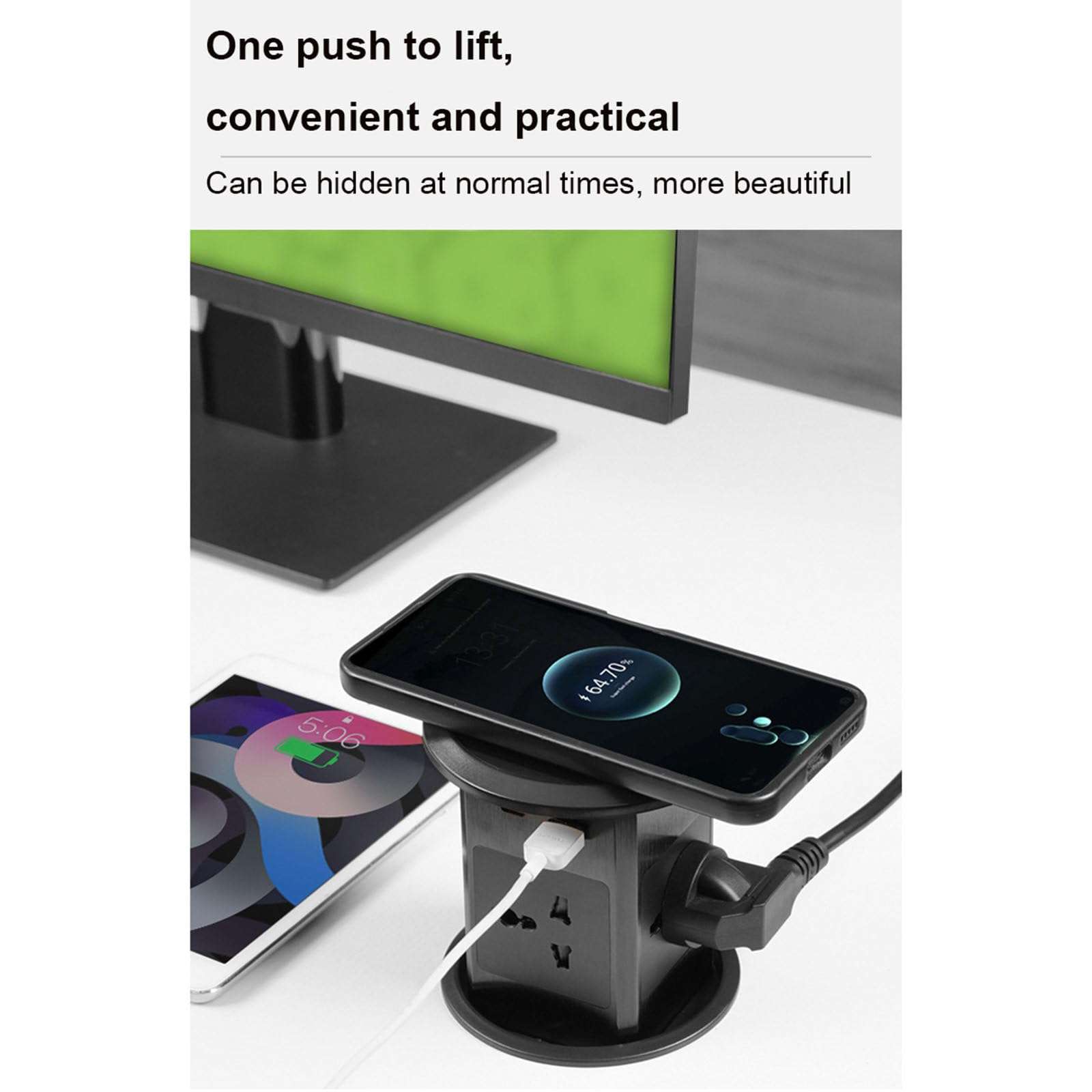 Smart Pop Up Socket, 4 Outlets+U-C+Wireless Charger, Aluminum Alloy, One-Touch Lift, for Office/Kitchen,Silver 6