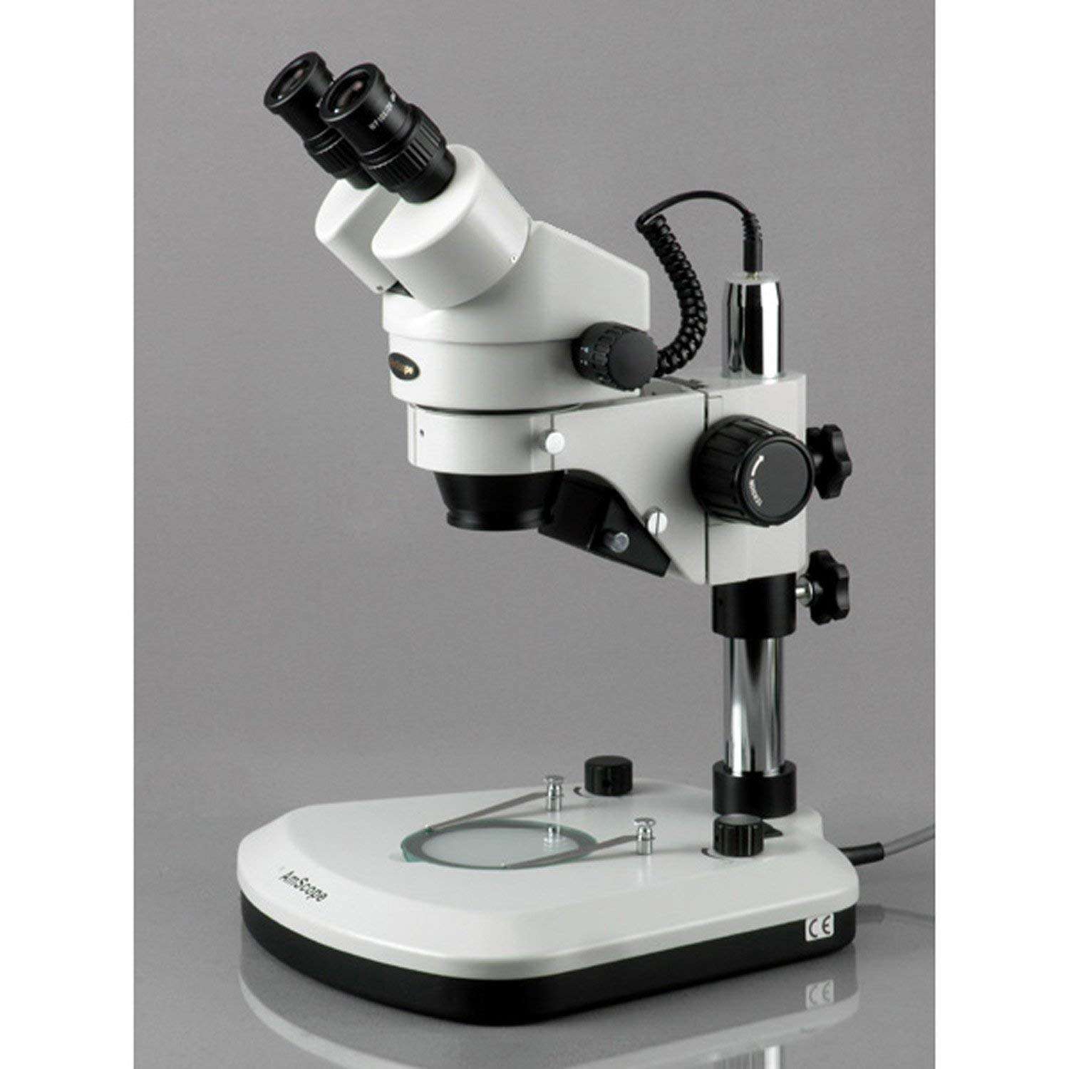 AmScope SM-1BX-PL Professional Binocular Stereo Zoom Microscope, WH10x Eyepieces, 3.5X-45X Magnification, 0.7X-4.5X Zoom Objective, Upper and Lower LED Lighting, Pillar Stand, Includes 0.5x Barlow Lens 3