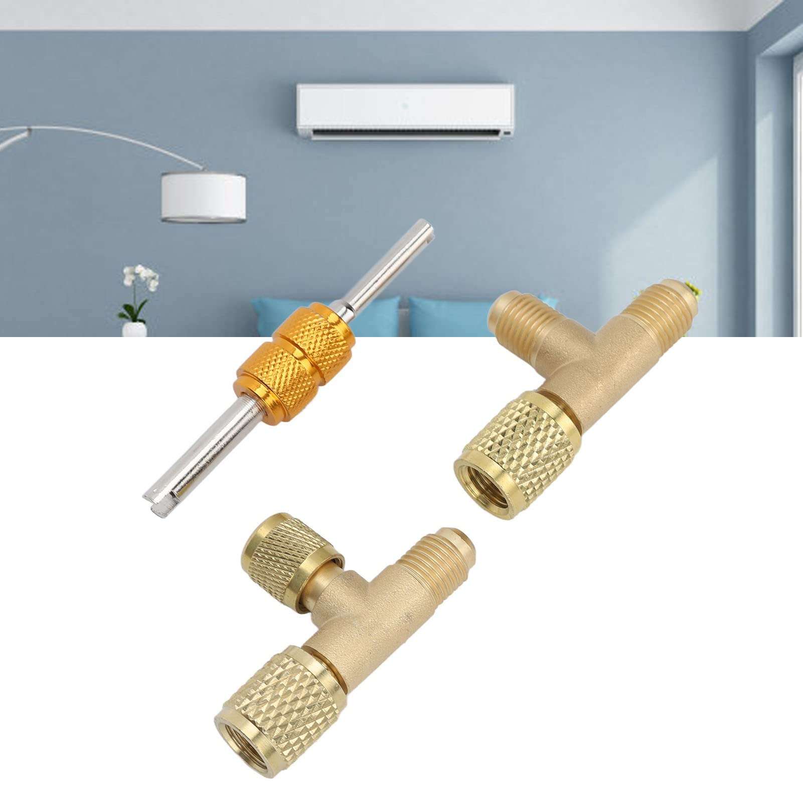 1/4in Valves Core Brass Tee Adapter, Brass Quick Coupler Access Tee Fittings for Vacuum Gauge R22 R12 R134 Refrigerant 6