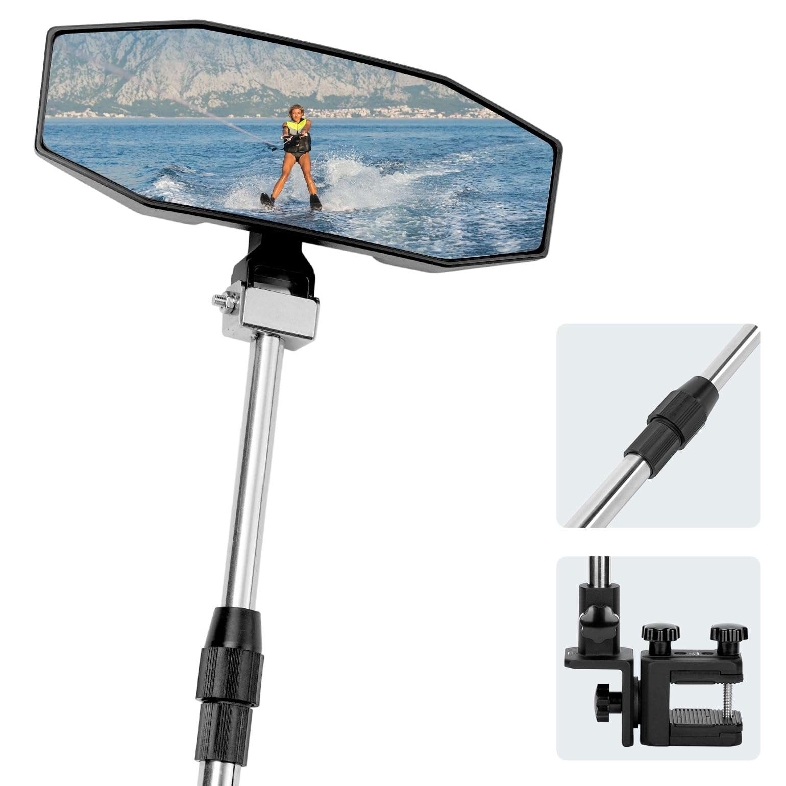 KEMIMOTO Boat Rear View Mirror, Extra Large Marine Mirror with Telescoping Pole 4.5"x8" 360° Adjustable Boat Mirror for Pontoon Boat Ski Boat Water Skiing 1
