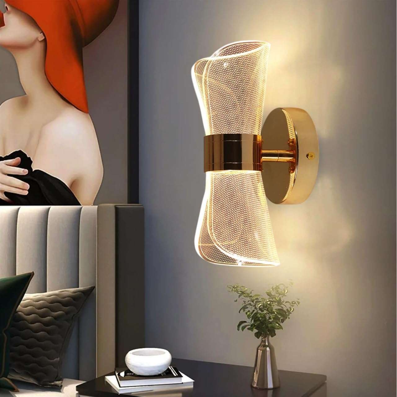 Groeien 12W | 3 Color LED Nordic Sconce Golden Mesh Transparent Indoor Home Acrylic Wall Lamp for Bedroom Living Room Corridor Lighting Fixtures Wall Mount(Warm+Natural+Coolwhite) 1