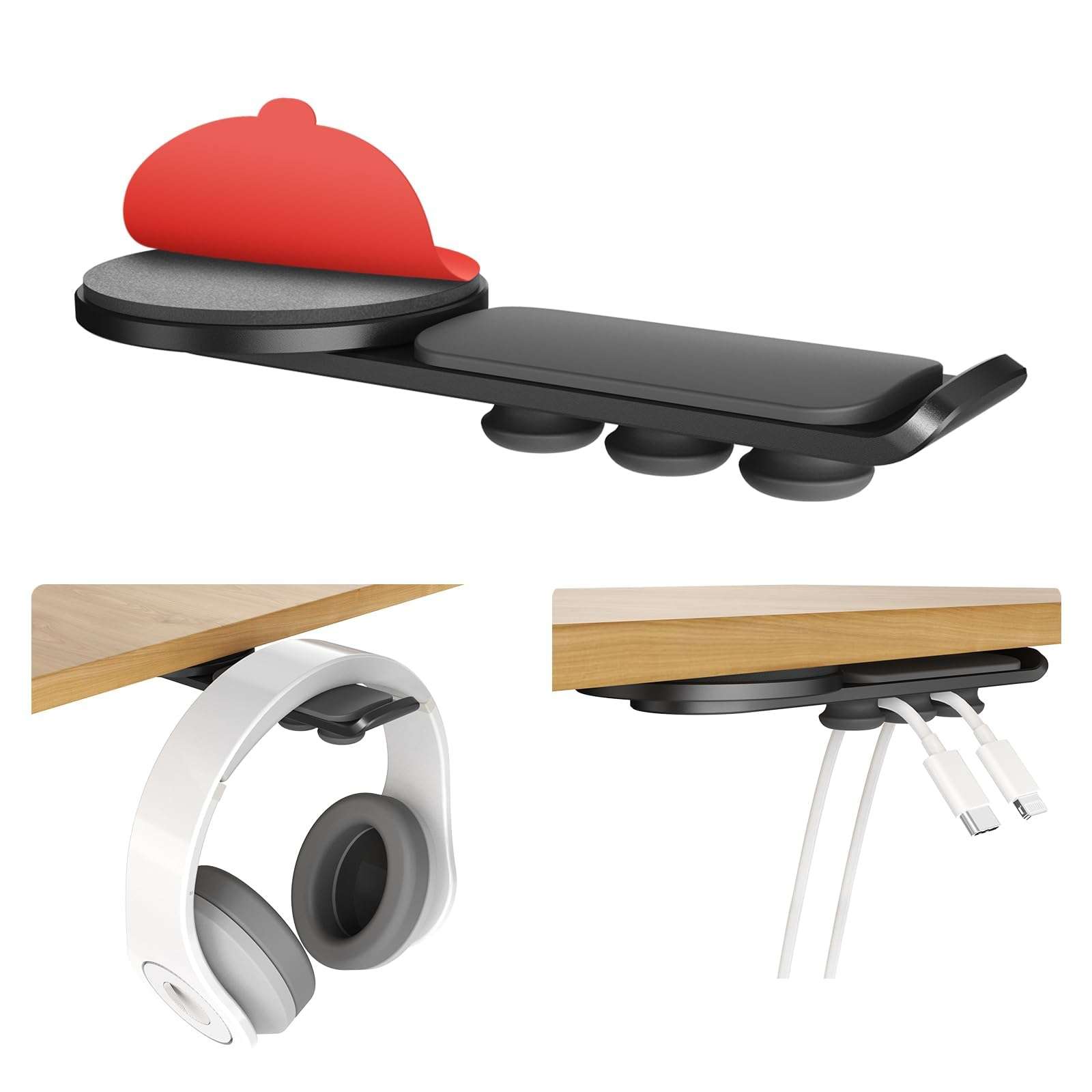MAGDIGITEH Headphone Stand - 360 Degree Rotating Adhesive Under Desk Headset Holder with 2 Cord Holder Clips (Black)