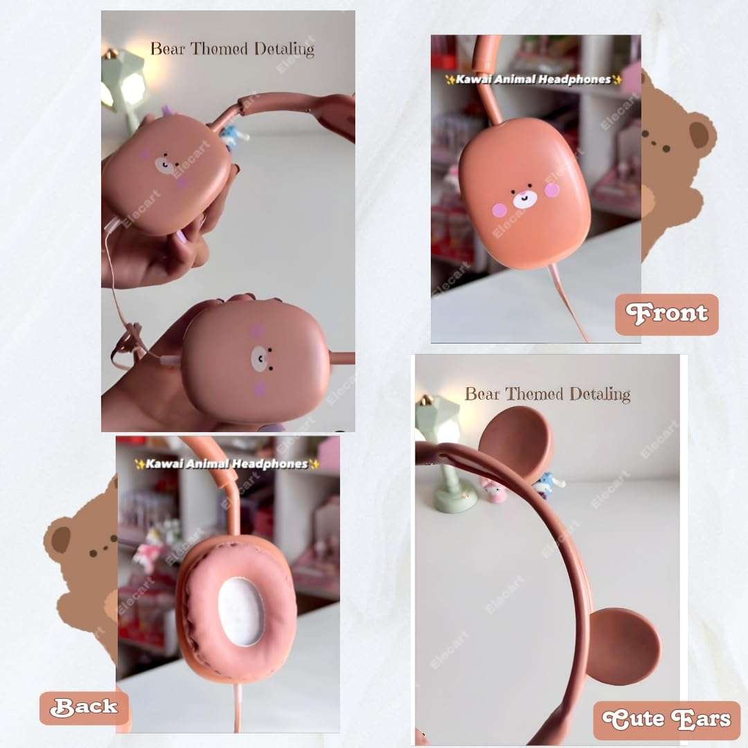 Elecart Earphone for Kids, 3.5mm Jack On Ear Wired Cute Rabbit Headphone, Stereo with Mic Earphone, Stylish Headphones for Girls/Boys, Birthday Gift for Girls (Brown Bear) 6