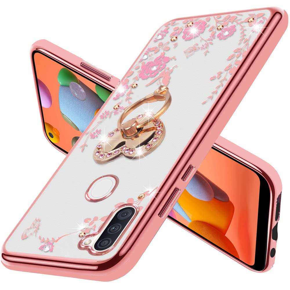 Samsung Galaxy A11 Case Glitter Crystal Butterfly Heart Floral Series-Slim TPU Luxury Bling Cute Girls Protective Cover with Detachable Finger Ring Holder Stand + Strap for Samsung A11 - Purple 3