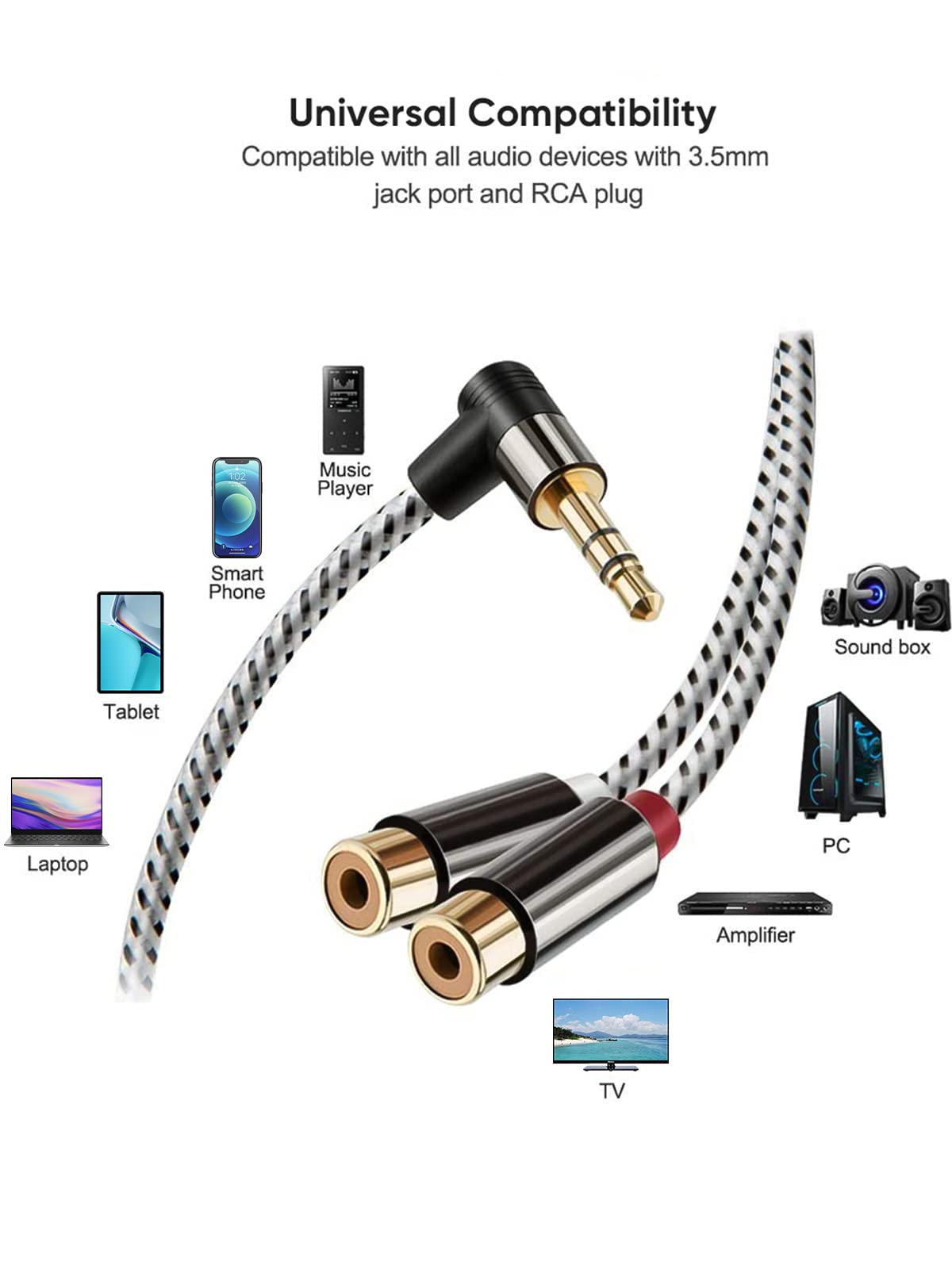 CableCreation 3.5mm to 2RCA Female Cable, Angle 3.5mm Mini-Jack to RCA Stereo Audio Y Cable Gold Plated, Compatible with iPhone,iPod,MP3,Tablets,HiFi Stereo System, Speaker,3FT/0.92M 6
