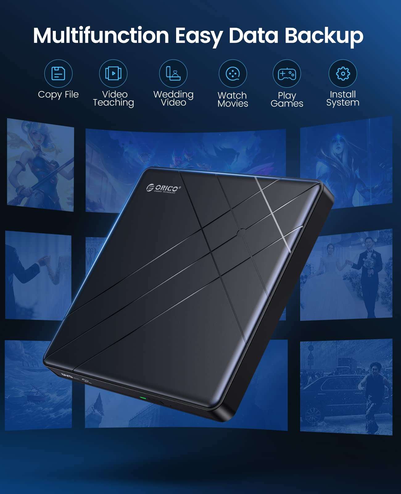 ORICO External Blu-Ray Drive DVD/BD Read/Write CD Burner Portable Bluray 50G USB 3.0 and Type-C DVD Writing 4k Ultra HD 3D Optical Drive with M-DISC Support-BRU3-01 3