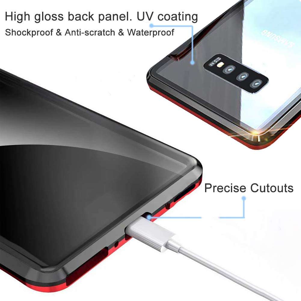 HONTECH Compatible Galaxy S10 Case, Slim Magnetic Adsorption Metal Frame with Built-in Magnet Flip Tempered Glass Cover, Black-Purple 4