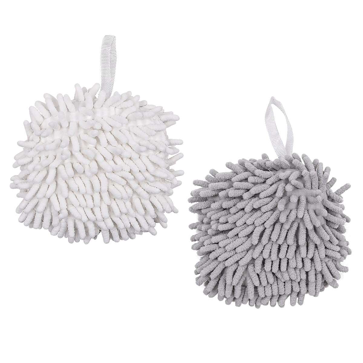 2 Pcs NUZAMAS Chenille Hand Towels Fuzzy Ball Towel White and Gray Fast Drying Handball Absorbent Soft Towel Hanging Towel for Kitchen Bathroom 2