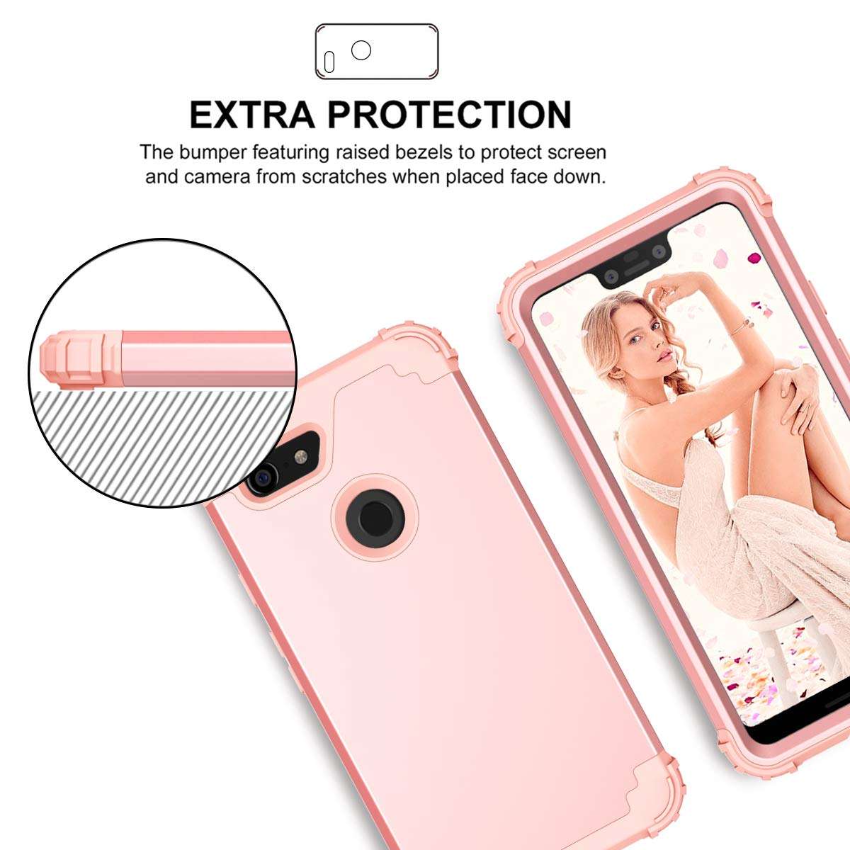 Casetego Compatible with Google Pixel 3 XL Case,Three Layer Heavy Duty Hybrid Sturdy Shockproof Protective Cover Case for Google Pixel 3 XL,Rose Gold 6