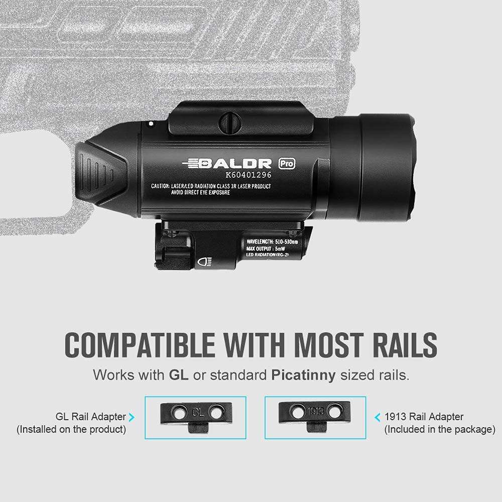 OLIGHT Baldr Pro 1350 Lumens Tactical Weaponlight with Green Beam, Bundled with I3T EOS 180 Lumens Dual-Output Slim EDC Flashlight for Camping and Hiking 6