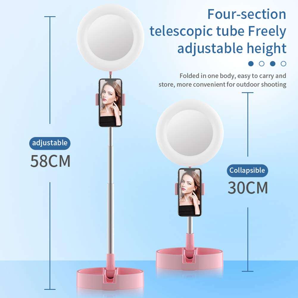 NeotrixQI Selfie Ring Light with Phone Holder, Foldable LED Desk Lamp Dimmable Phone Make Up Ringlight Stand Extendable Makeup Mirror TIK Tok YouTube Video Vlog Recording Photography Tiktok Live Stream (Pink) (G3) 3