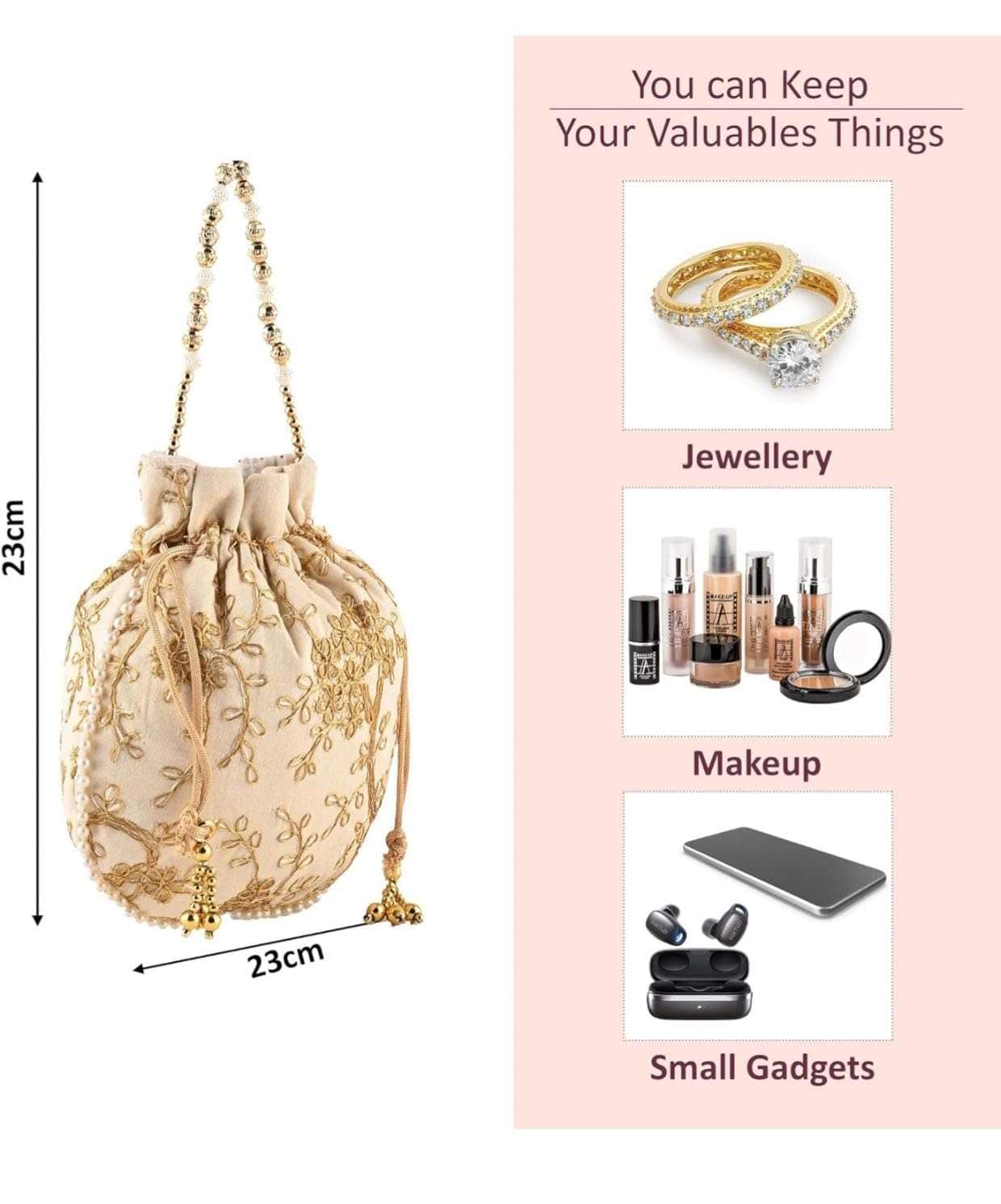 Embroidered Potli Bag | Leaf Floral Design With Moti Handle Batwa Bag | Traditional Shagun Potli for Return Gifts | Ideal for Mehandi, Haldi, Baby Shower, Wedding, Sangeet (5) 5