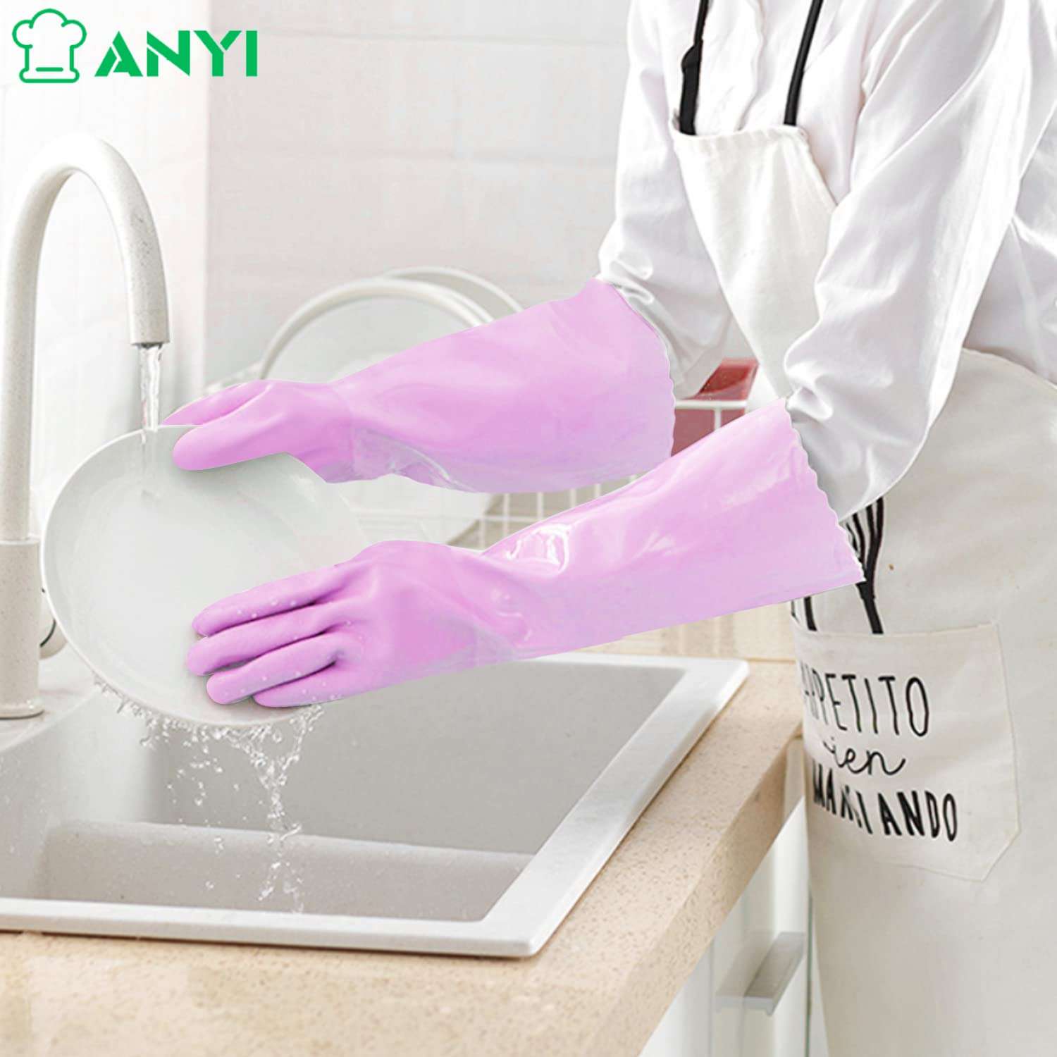 Dishwashing Gloves Latex Free Reusable Rubber Gloves for Kitchen Washing Dishes Household Cleaning with Cotton Flock Liner and Non Slip Texture Waterproof (Ex-Large, Pink) 6