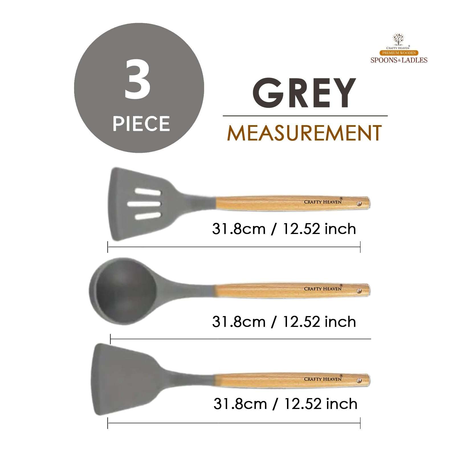 Crafty Heaven Wooden Handle Silicone Spatula Set for Kitchen BPA Free Non-Stick Non Toxic Cooking High Heat Resistant Ladles Turner Serving Cooking Spoon Set of 3 (Gray) 3