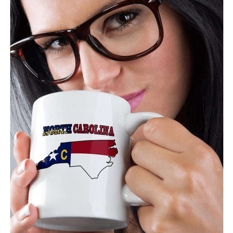 3dRose mug_58753_1 "North Carolina state flag in the outline map and letters for North Carolina" Ceramic Mug, 11 oz, Multicolor 2