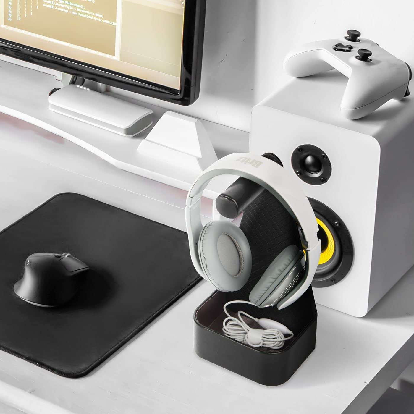 JACKCUBE Design Headphone Stand Leather Gaming Headset Holder with Cable Storage Tray (5.51 x 3.86 x 10.63 inches) - :MK217A 3