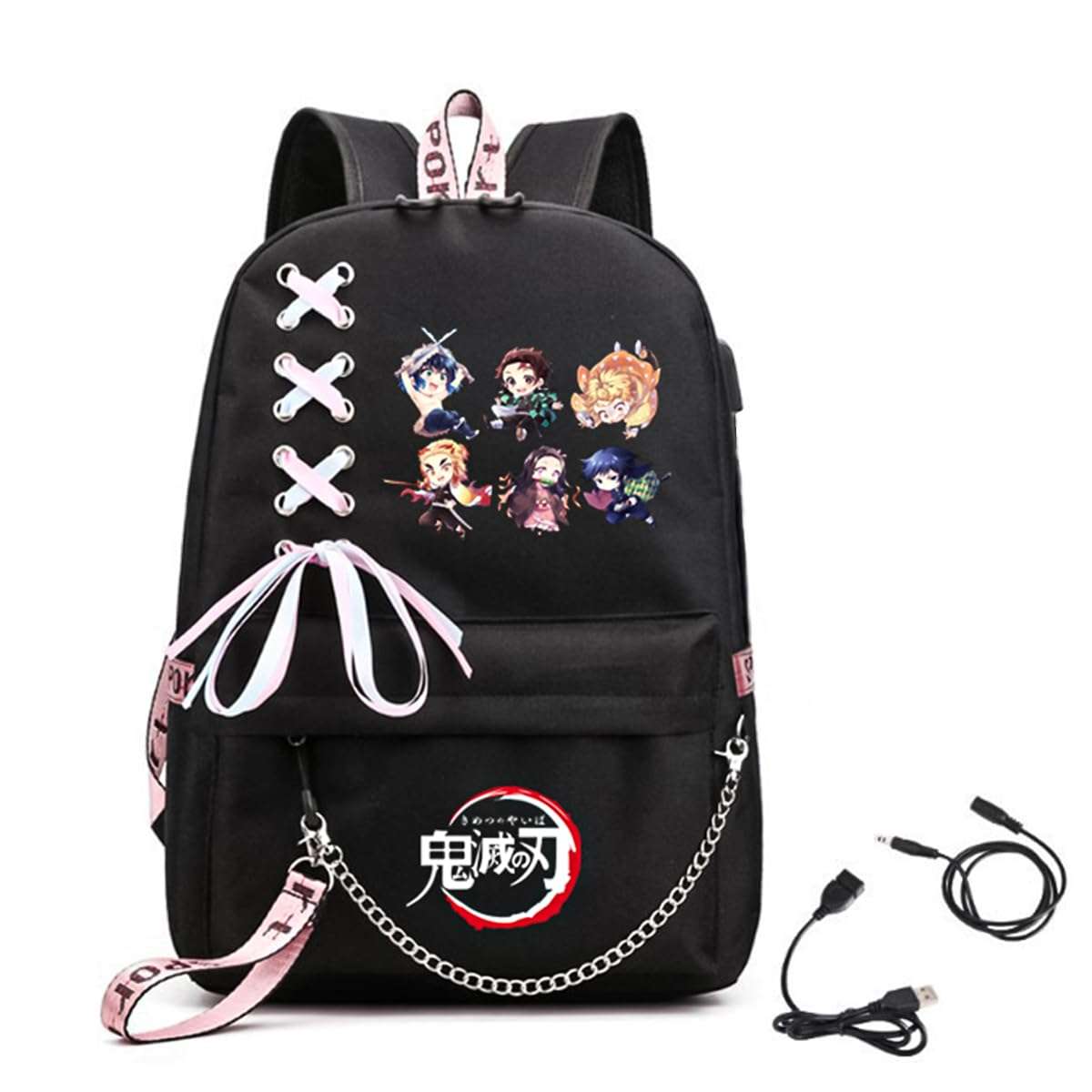 PALAY® Anime Backpack with USB Charging Port and Headphone Jack, Demon Slayer Girls Large Travel Backpack 14 Inches Laptop Bag Cartoon Anime Print Backpack School Gift for Kids (Black) 1