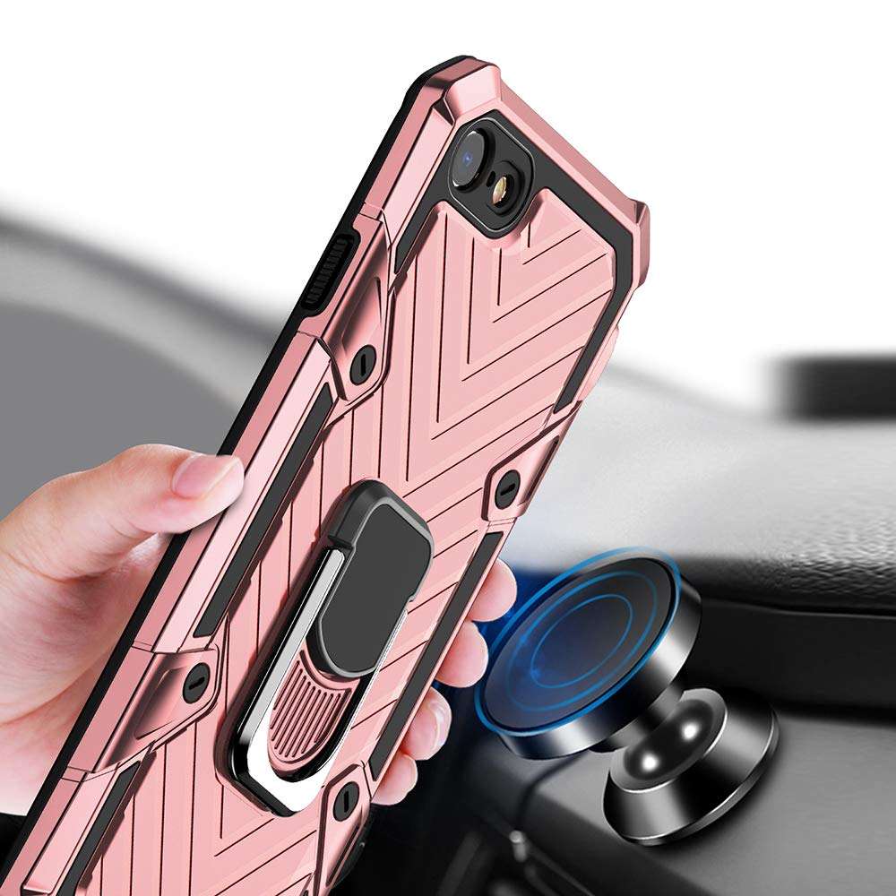 Military Grade for iPhone 8 Case iPhone 7 Case iPhone SE 2020 Metal Rotating Ring with Kickstand Holder Armor Heavy Duty Shockproof Drop Protective Cover for iPhone 8/7/SE 2020 Phone Case (Rose Gold) 3