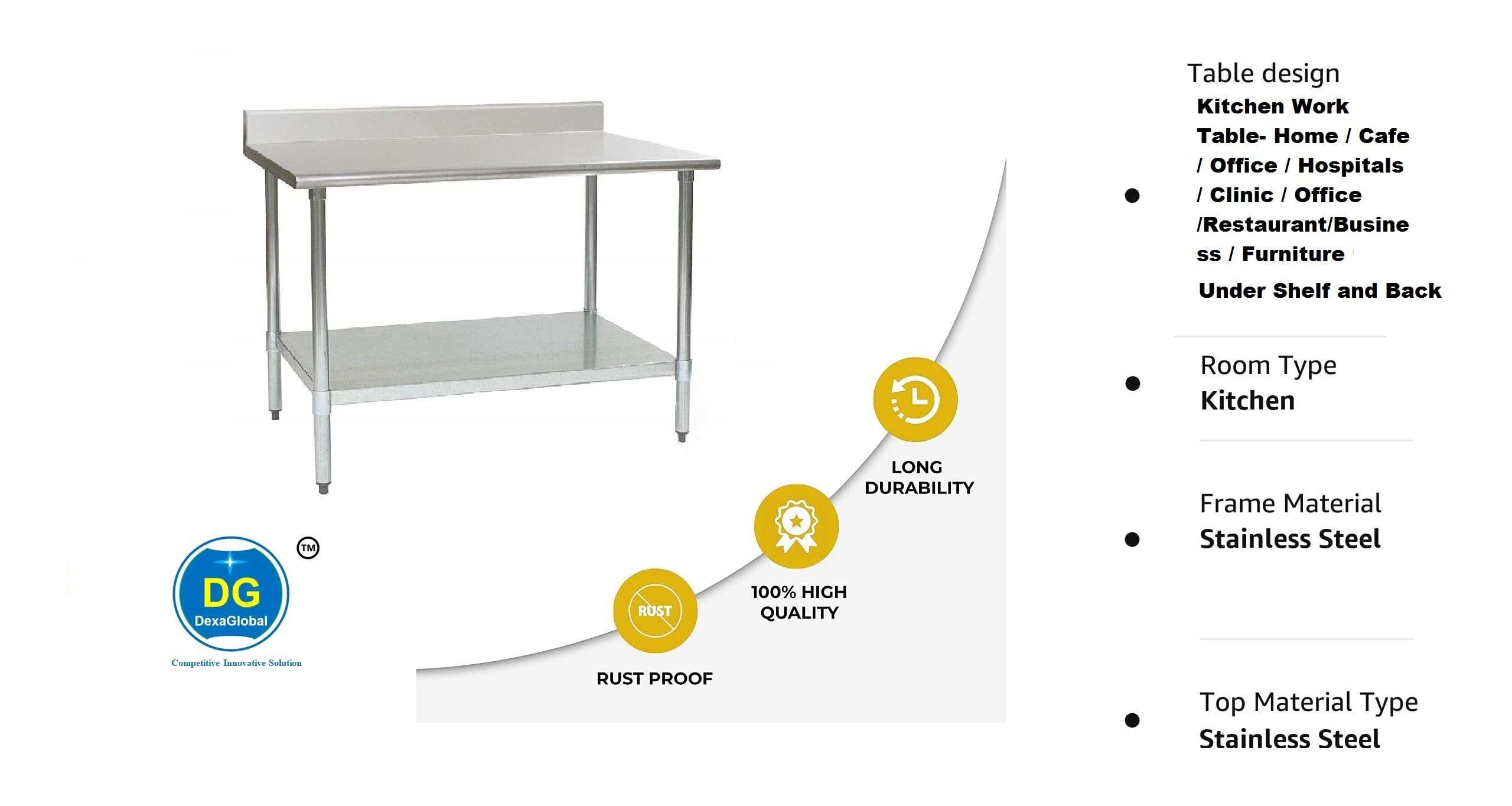 DG DEXAGLOBAL Stainless Steel Work Table with Under Shelf & Back Splash- 1207x700x850 mm LBH 4