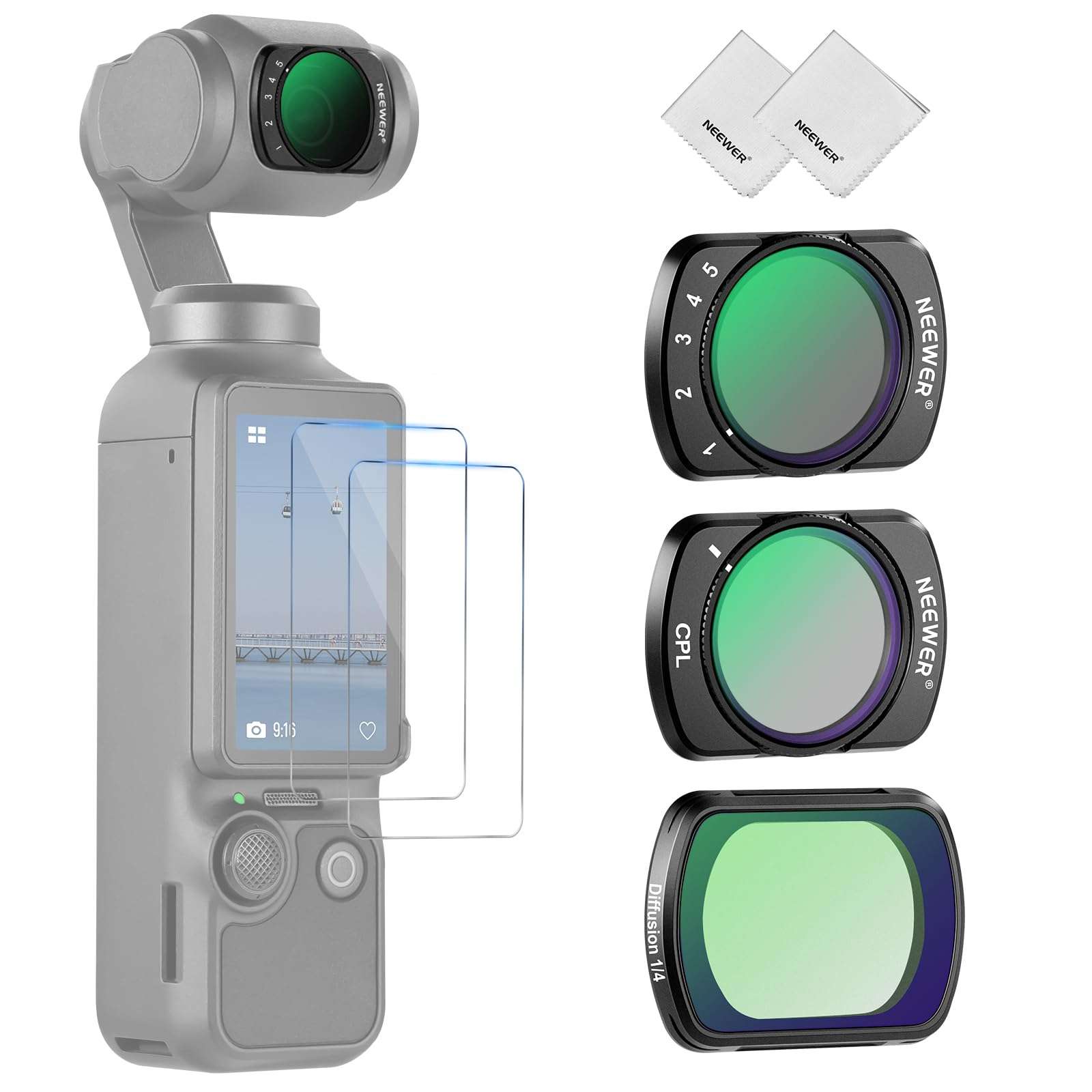 NEEWER Variable ND + CPL + Black Diffusion 1/4 Filter Compatible with DJI Osmo Pocket 3 Creator Combo Accessories, ND2-32, Multicoated HD Filter with 2X Screen Protector & 2X Cleaning Cloth 1