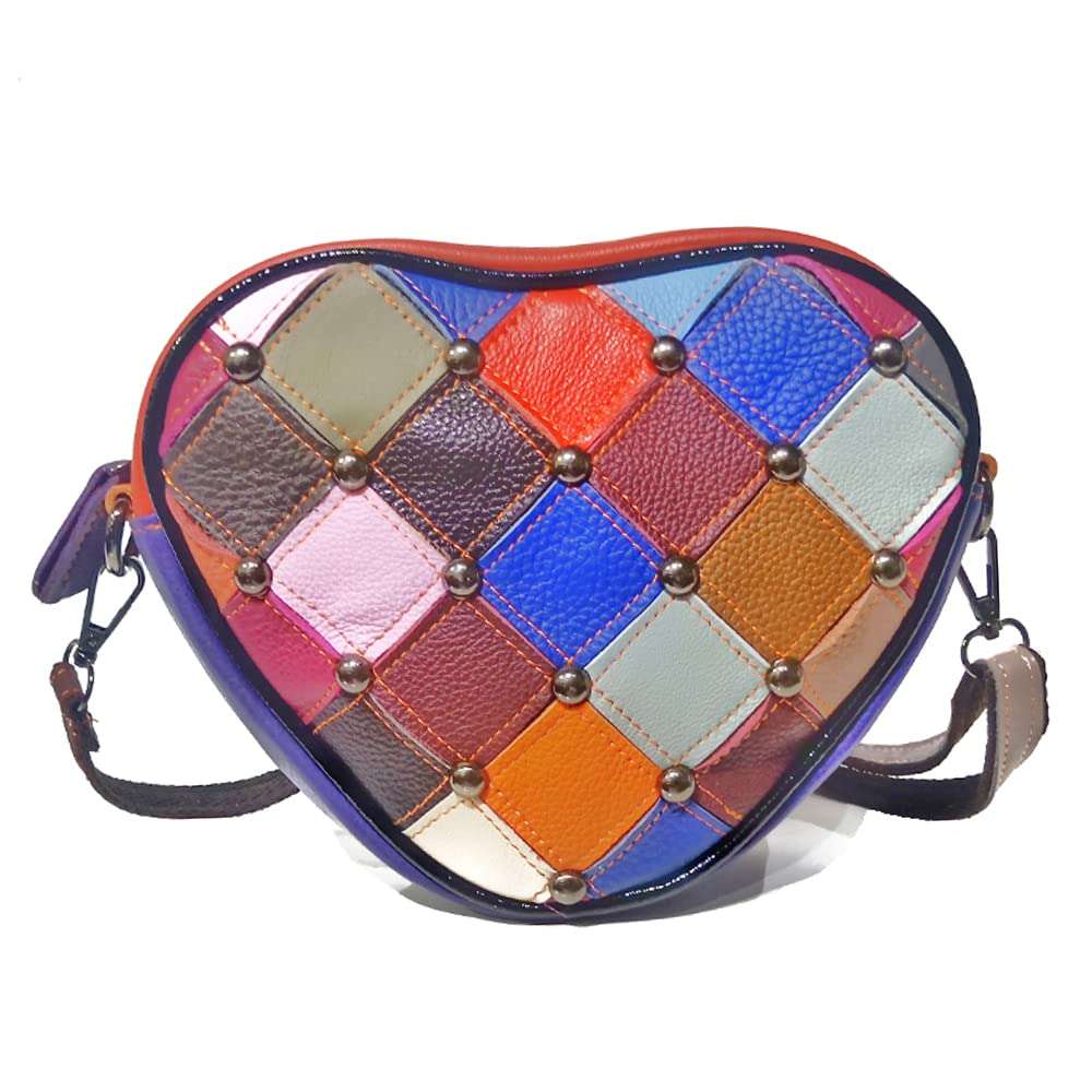 BYKOINE Women Cute Heart-Shaped Purse Genuine Leather Multicolor Splicing Handbag Colorful Patchwork Rivet Shoulder Satchel 1
