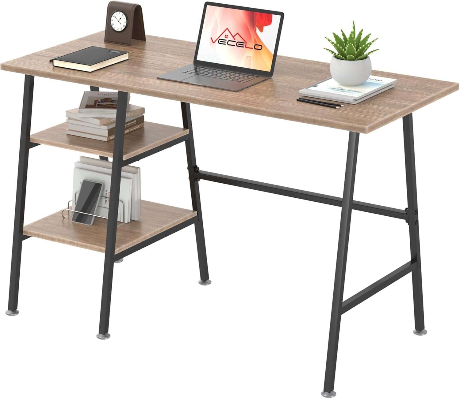 VECELO 43 Inch Computer Desk Writing Study Work Office Table Modern Desk with Shelves Wooden Desk for Home Bedroom,Oak Desk 1