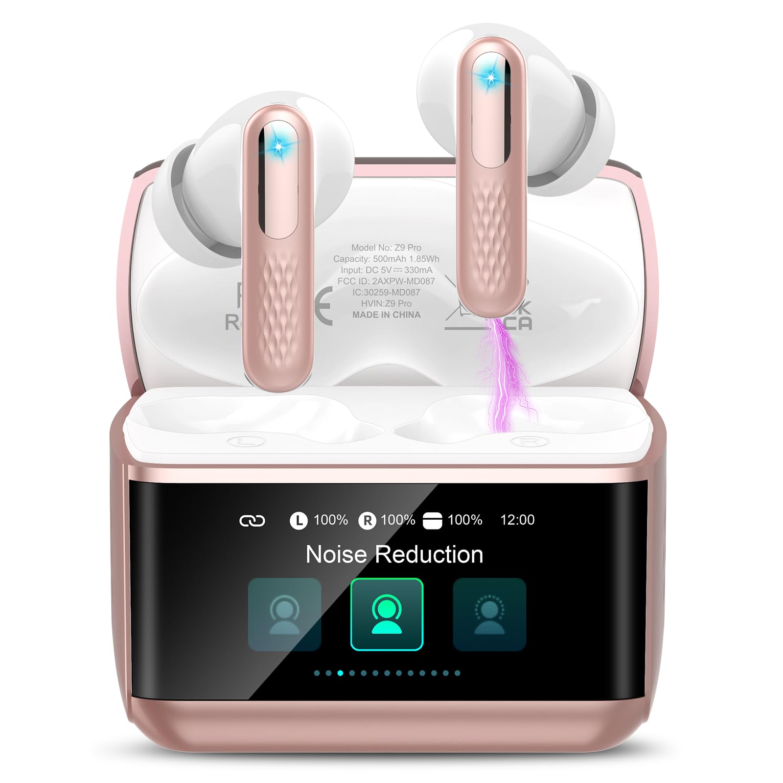 ZYHKON Wireless Earbuds with Touch Screen, Bluetooth 5.4 Headphones, ANC/ENC Noise Cancelling, 48H HiFi Stereo Bluetooth Ear Buds with 5 EQ Modes, Transparency Mode, IPX7 Earphones, Rosa