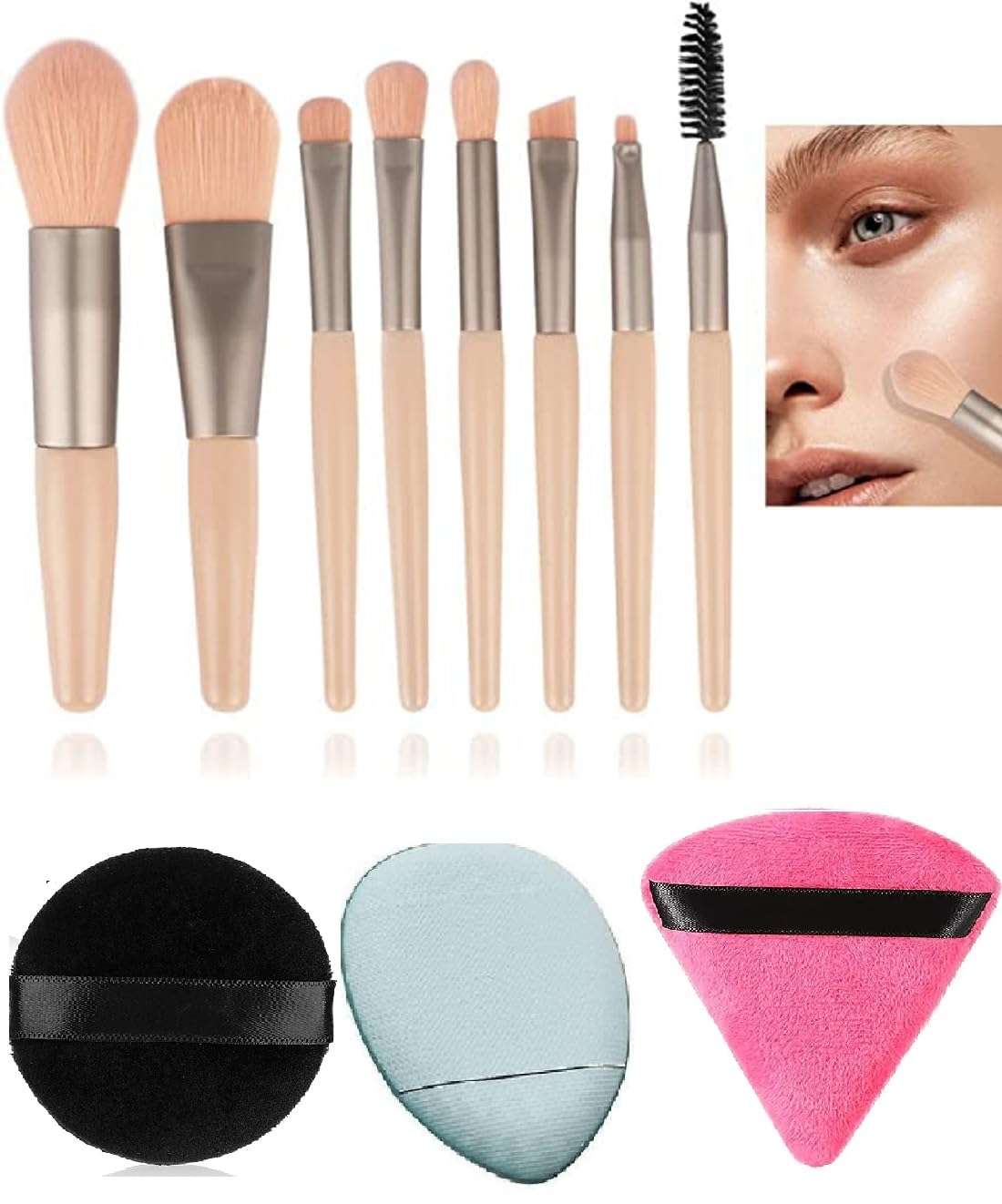 Facejewel 8 Pcs Professional Makeup Brush Set With Pouch 1Pcs(Lite Pink) Round cotton powder puff makeup 1Pcs Makeup Soft Triangle Powder Puff Finger Puff 1pcs Finger Makeup blender Sponge 3