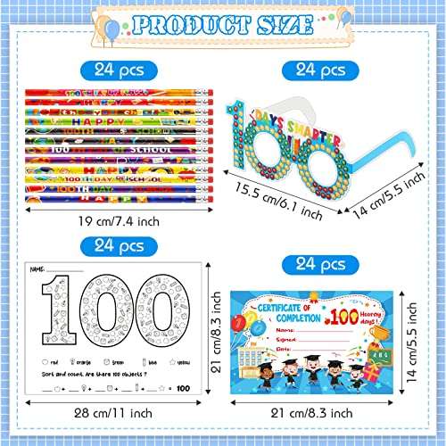 100th Day of School Kit Teacher Favor Kit Include Pencils, Color Pages, Certificates, Certificate of Merit and Glasses for Kids 100 Days School Celebration Party Favors Supplies(120 Pcs) 3