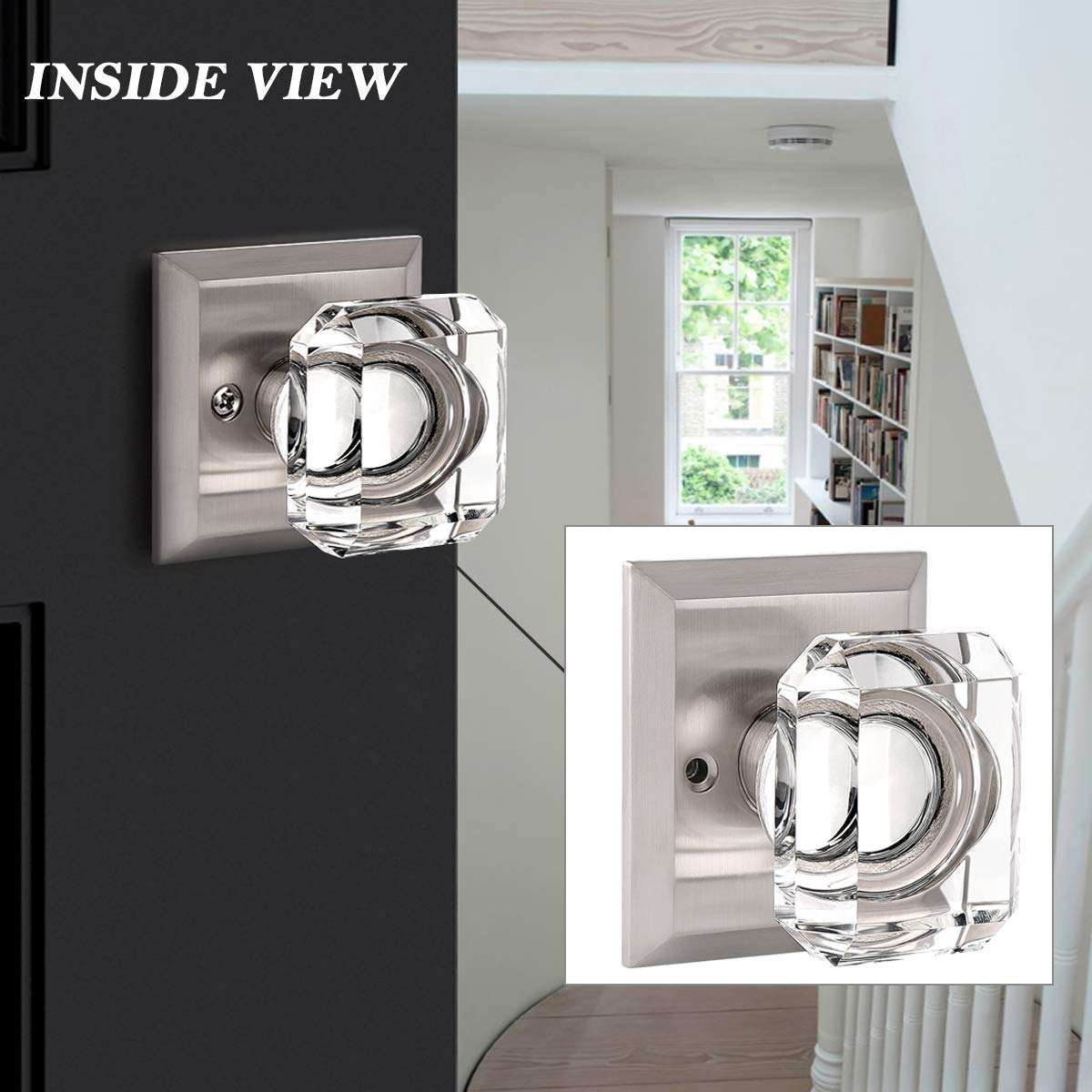 3 Pack Crystal Glass Door Knob Set, Passage Door Knobs for Hall and Closet, Keyless Square Crystal Door Knobs with Satin Nickel Finish, Interior Door Knobs Non-Locking Set, Passage Function 4
