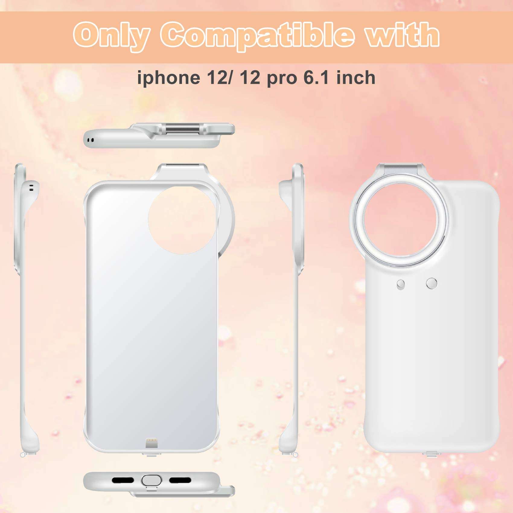 INOCTI Phone Case Built-in Selfie Ring Light for iPhone 12 Pro, LED Illuminated Selfie [Rechargeable] Luminous Flashlight Cellphone Case Cover for iPhone 12-3 Lighting Modes White 2