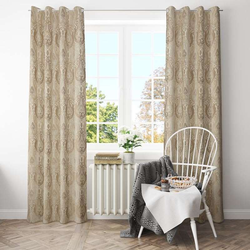 gsd home Premium Heavy Jacquard Fabric Room Darkening Elegance Dmass Design Curtains 6 Feet for Window, Beige, 3 Pieces 3