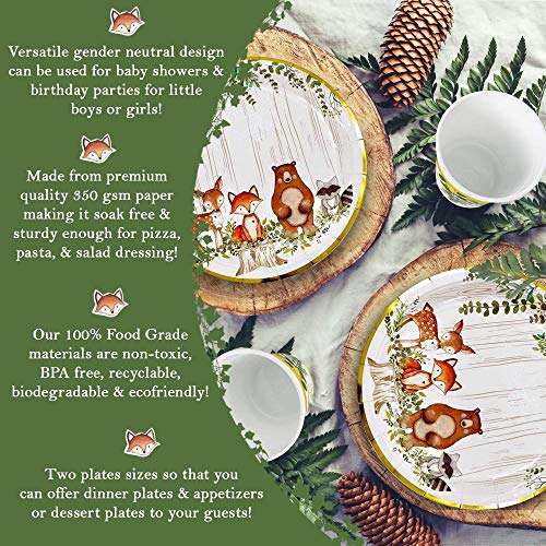 YARA 96 Piece Woodland Animals Baby Shower & Birthday Party Supplies For Boy & Girl Decorations with disposable paper plates napkins and cups of Forest Creatures Fox Theme Tableware Set Serves 24 3
