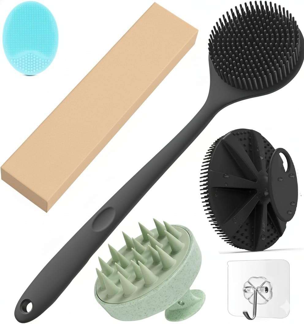ETSAP Soft Silicone Back Scrubber Long Handle Bath Brush + Body Scrubber Bath Brush + Scalp Massager for Hair + Face Scrubber Brush, Combination Combo, Super-Exfoliating & Lathering Body Scrubber, Shower Brush | BPA-Free | for Men and Women (With A Free Hook 3-pic) 1