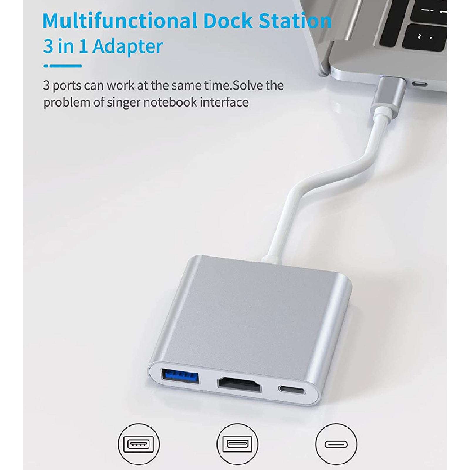 Zopsc Type C to HDMI 3 in 1 Docking Station, 4K HD 5Gbps TV Projector Adapter, 60W PD Power USB C Hub Docking Station for TV Projector Computer. 4