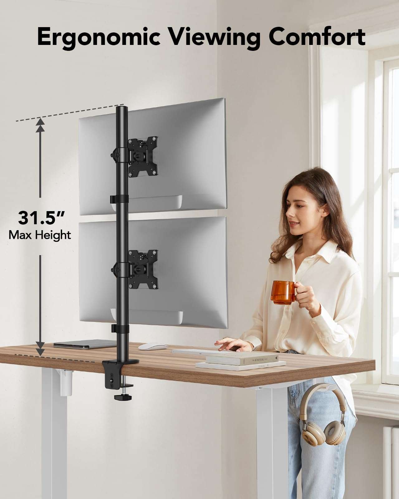 HUANUO Vertical Dual Monitor Mount, Stacked Monitor Stand for 2 Monitors with Height Adjustment Computer Monitor Arm Supports Two 17 to 32 Inch with C Clamp Each Desk Mount Hold up to 17.6lbs 5