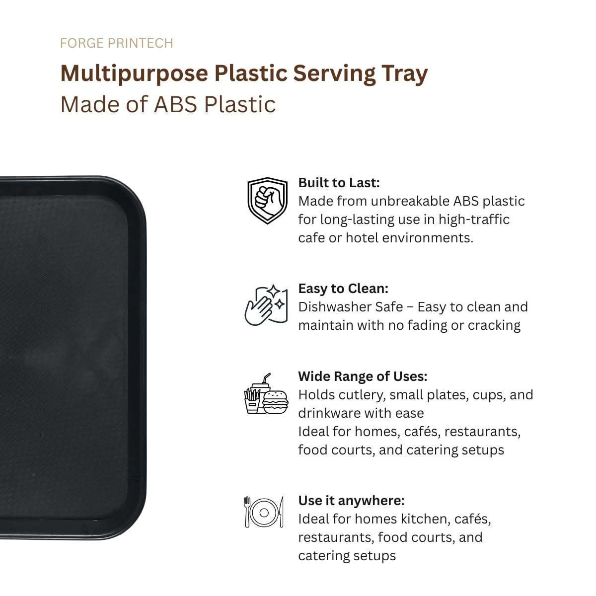 FP Plastic Serving Tray Set of 3, Black, 12x16, Multiuse for Home Kitchen, Restaurants, Cafeteria, Food Tray 3