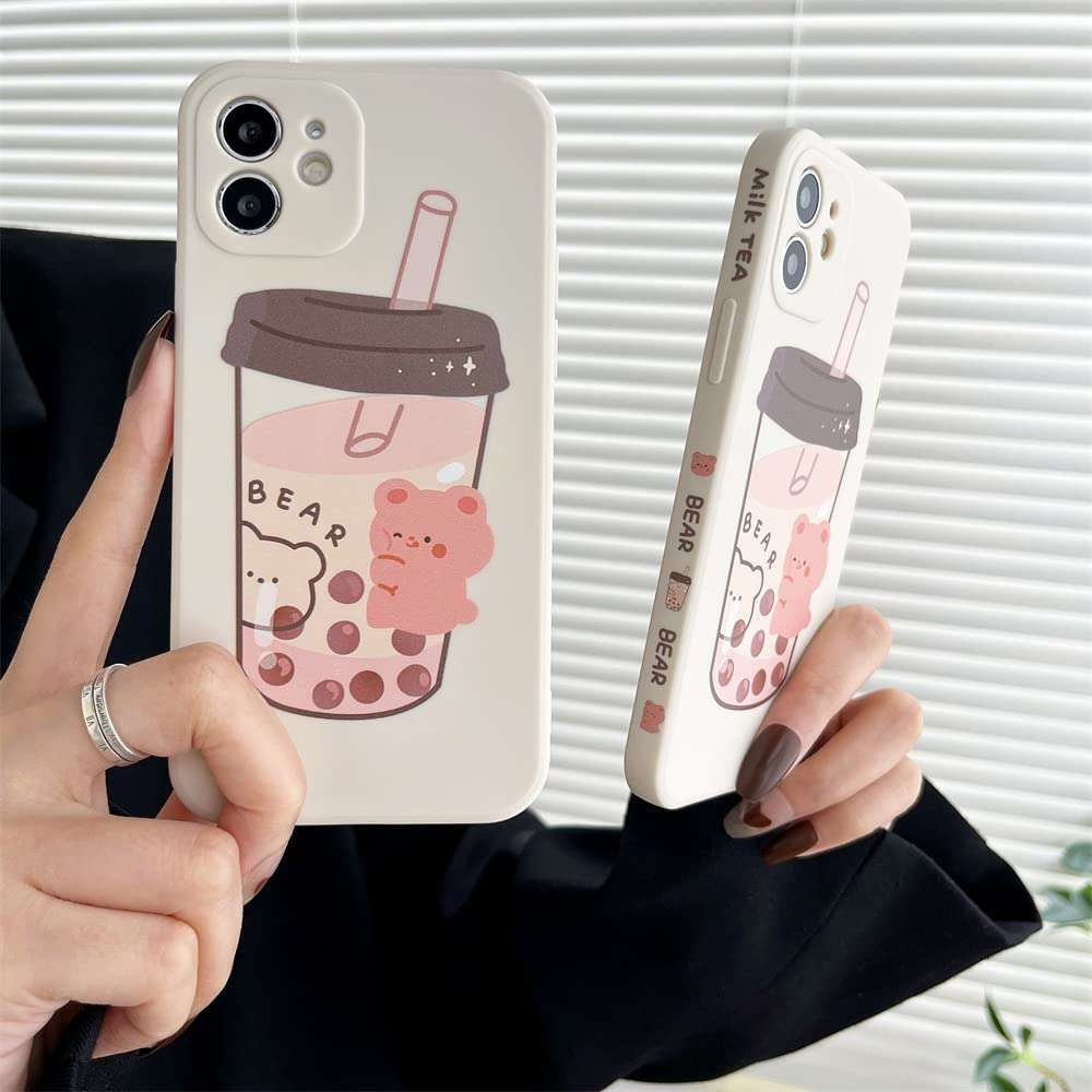 Cute Bear Milk Tea Drink Phone Case for iPhone 12 6.1 inch with Side Printing Special Slim Smooth Cover for iPhone 12 1